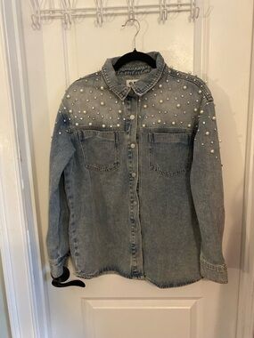 PTCL Light Blue Denim Shirt/Jacket with Pearl & Rhinestone Accents